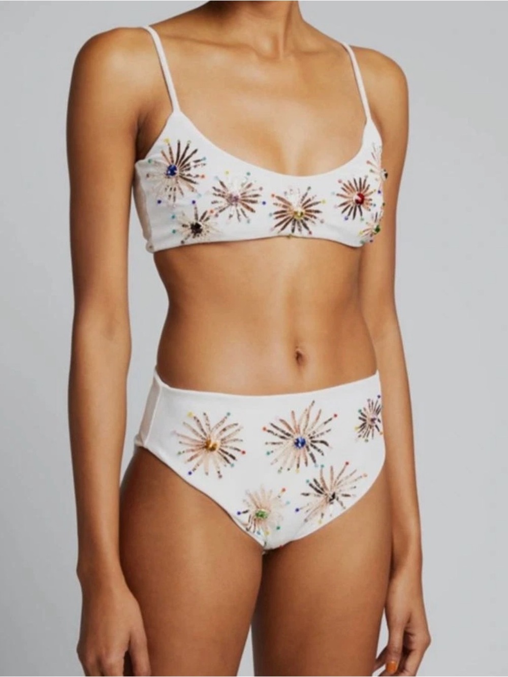 White Embellished Scoop Bikini Top with High-Waist Bottoms